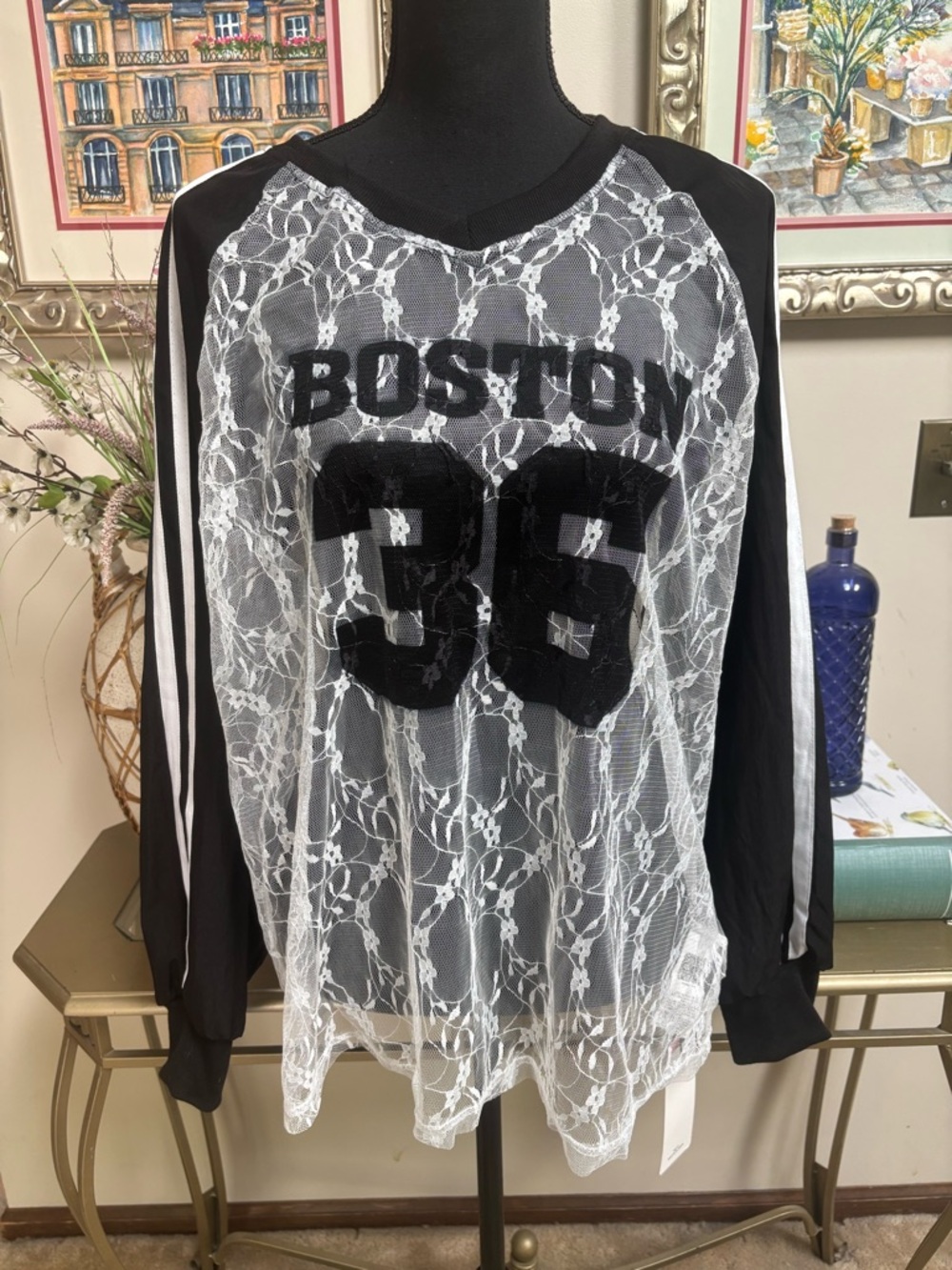 Boston #36 Lace-Overlay Sheer Sports Jersey Long Sleeve Top - Black/White Sz S-L